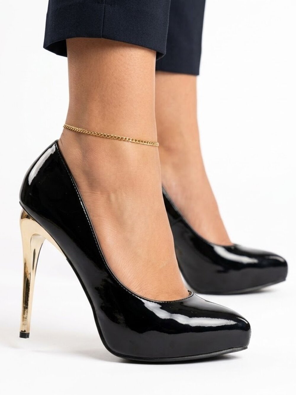 Liliana Cyber Baddie Black Patent Pumps Chrome Stiletto Metal High Heels 9